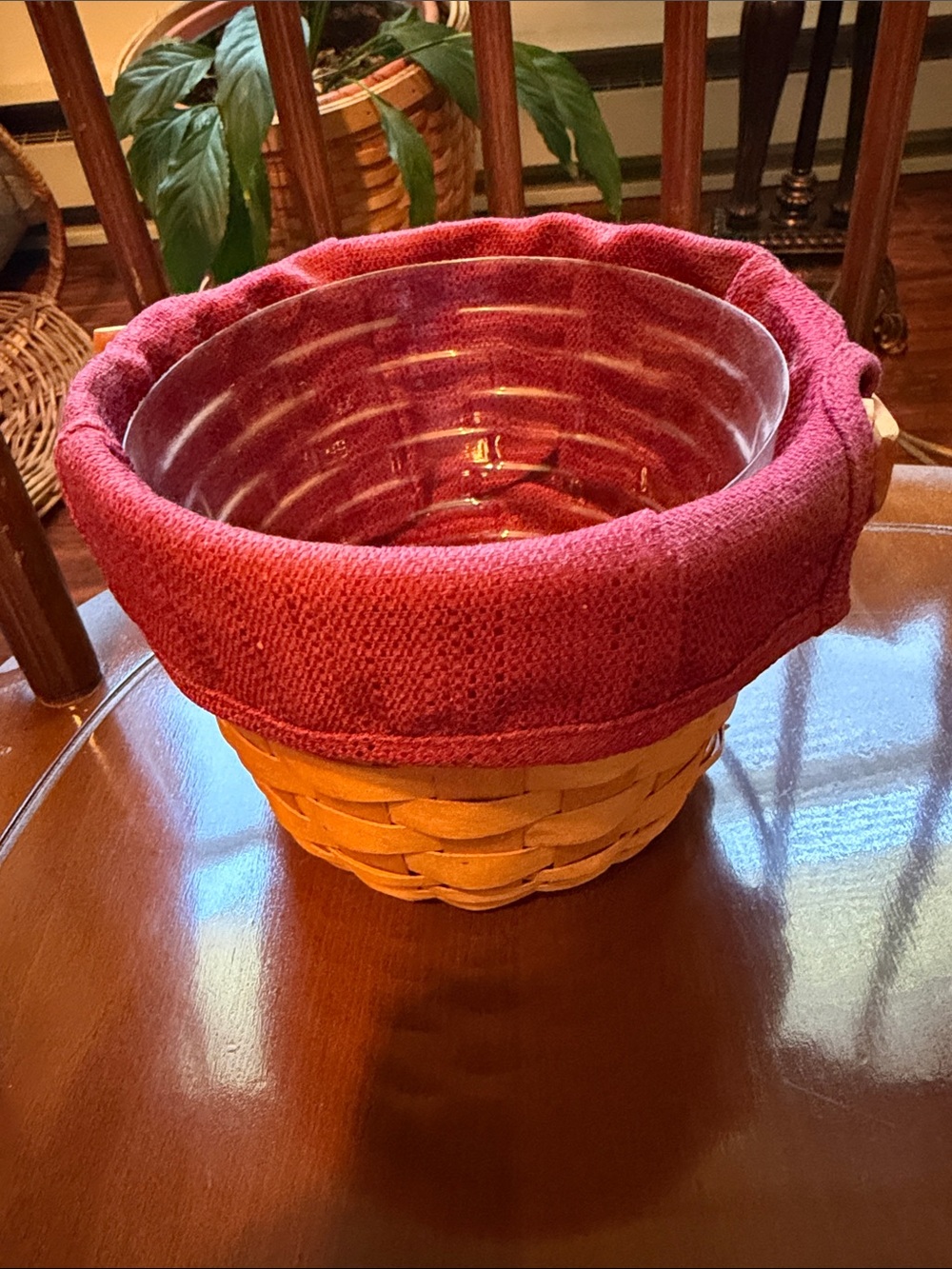 Longaberger Red-Lined Woven Basket with Glass Insert